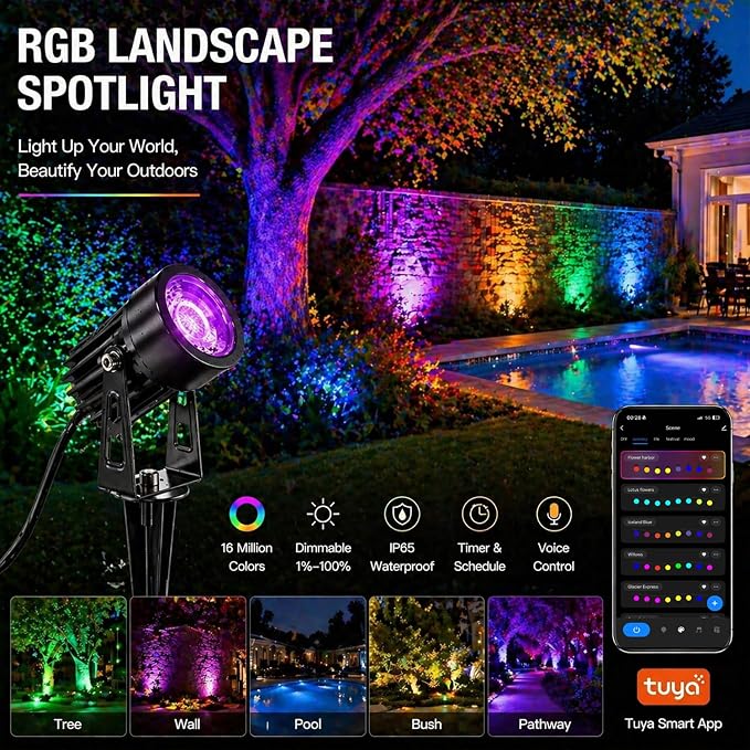 RGBCW Smart Outdoor Landscape Lighting, 6 Pack Outdoor Spot Lights with Transformer, WiFi+Bluetooth App Control Garden Path Lights, Low Voltage IP65 Waterproof for Yard Walkway Plants Trees