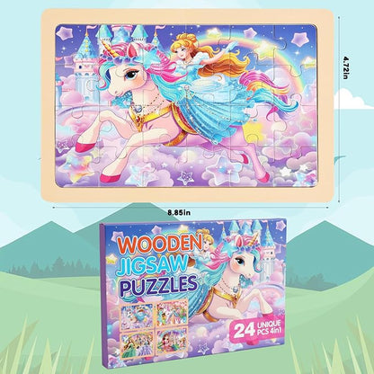 Wooden Puzzles Toys for Kids Ages 3-5, Set of 4 Packs with 24-Piece Unicorn Mermaid Princess Wood Jigsaw Puzzles, Preschool Educational Brain Teaser Toys for Girls 3 4 5 6 Years Old.