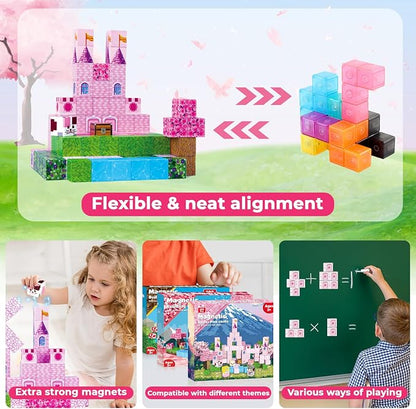 Magnetic Blocks - 100PCS Pink Princess Castle Magnetic Building Blocks, 3D Magnet Cubes for Girls, STEM Construction Toy for Kids Ages 3-12, Princess Toys for Kids Birthday Gifts