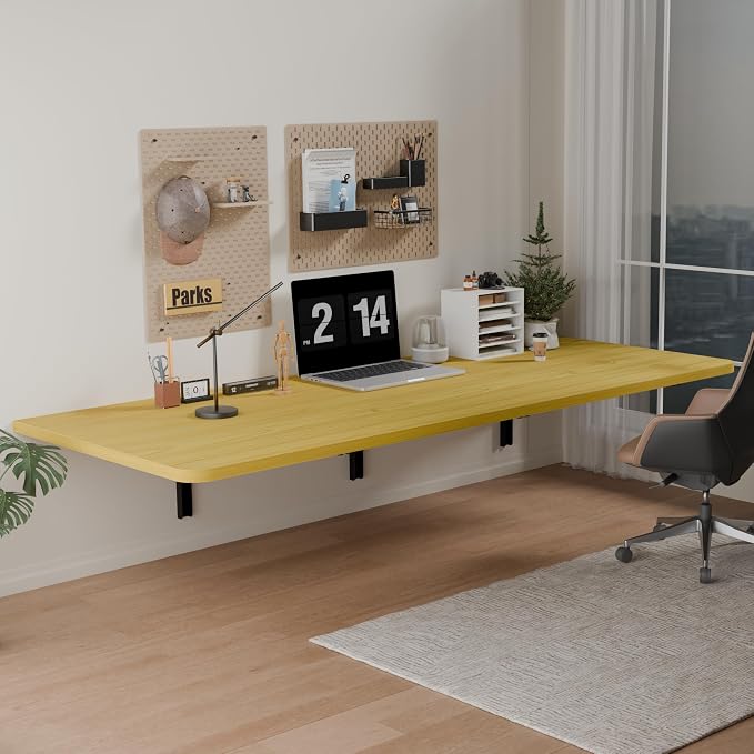 IAE 55x22in Floating Fold Desk,Wall-Mounted Folding Computer Table,Natural | Study Table with Shelf Brackets,Foldable Down Shelf with Engineered Wood,Fold Computer Desk for Small Apartment,Holds 513 lb