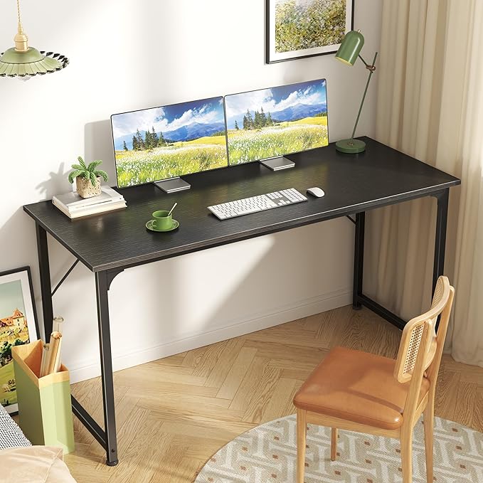 Huuger Computer Desk, 55 Inch Home Office Desk, Gaming Writing Work from Home Study Desk, Large Legroom, Sturdy Metal Frame, Modern Simple, Black