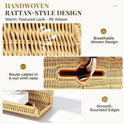 Handmade Rattan Under Desk Cable Management Tray 2 Pack, Natural | Easy Install with Adhesive or Screws, 33"Cord Organizer with 5M Cable Ties for Office Home, Effortless Wire Management
