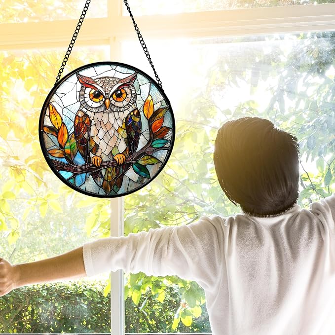 DASTOLL Stained Glass Window Hanging, Owl Colorful Leaves Birds Sun Catchers Diamond Glass Panel Hangings Suncatcher Decor for Birthday for Women, Men, Wife, Aunt, and Mom 9.8 in