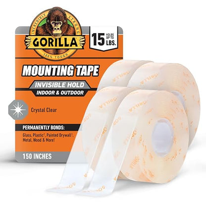 Gorilla Invisible Hold Mounting Tape, 1" x 150" (Pack of 4), Holds up to 15 lbs, Clear Double-Sided Tape for Strong, Permanent Bond, Discreet Adhesive for Classroom and Study Space Setup