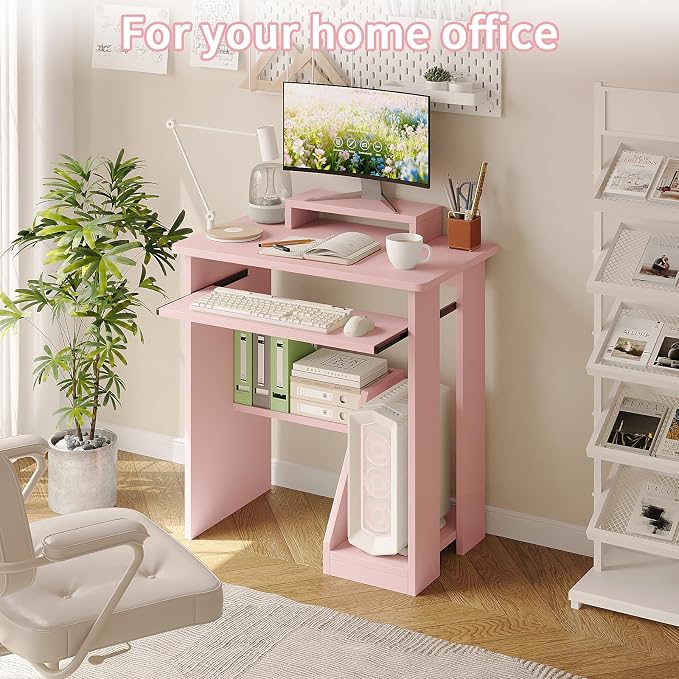 ALISENED 30 Inch Computer Desk, with Keyboard Tray & Monitor Stand | Compact Desk for Space-Saving, Ergonomic Study Desk with Storage Shelves for Writing, Gaming, Working, Pink