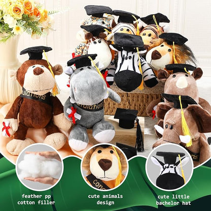 HyDren 10 Pieces 9 Inches Graduation Safari Stuffed Animals Set Plush Safari Stuffed Animal Elephant Giraffe Lion Tiger Monkey Rhinoceros Zebra Leopard Hippo for 2026 Graduation Party Favors Gifts