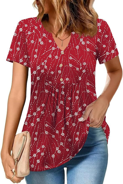 Zeagoo Womens Short Sleeve Tops Summer Henley V-Neck Tshirts Casual Pleated Blouse Dressy Loose Floral Basic Tee