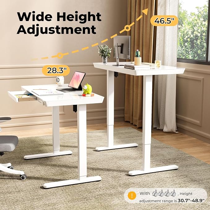 40" Glass Standing Desk with Drawer, Electric Stand up Desk | Height Adjustable Desk with One-Piece Tabletop & USB Charging Ports, Sit Stand Desk with Storage for Home Office, White