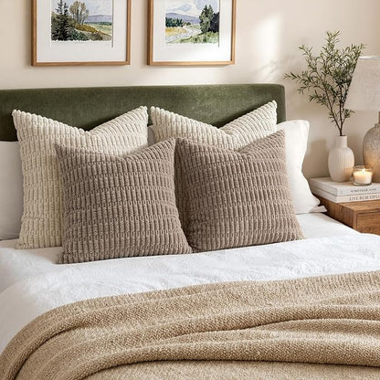 MIULEE Pack of 2 Corduroy Decorative Euro Sham Throw Pillow Covers 24x24 Inch Soft Boho Striped Pillow Covers Modern Farmhouse Home Decor for Sofa Living Room Couch Bed Light Brown