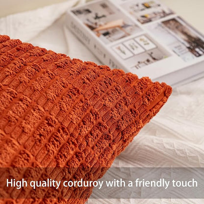 Aegero Pack of 2 Corduroy Decorative Throw Pillow Covers 24x24 InchSoft Striped Pillow Covers Modern Farmhouse Home Decor for Sofa Living Room Couch Bed（Rust）