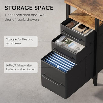 Maihail Small Desk with Drawers, Office Desk with Storage Shelves, Brown | 40 Inch Desktop, Metal Frame, 3 Fabric Drawers, Storage Shelves, Computer & Writing Desk, Office Gaming Workstation