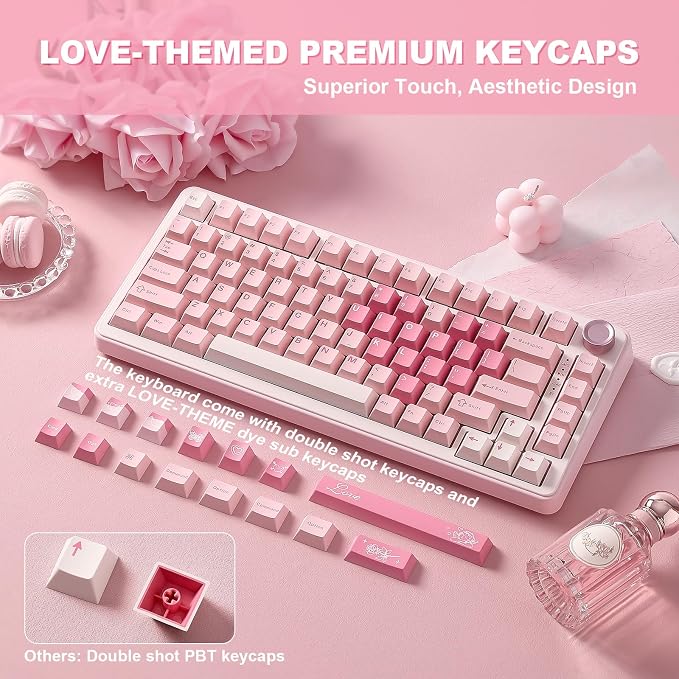 YUNZII B75 PRO 75% Wireless Mechanical Keyboard (Pink,MilkV2) | Hot Swap Keyboard with Knob, Gasket Mount, Creamy Pre-lubed Switch for Smooth Typing, BT/USB-C/2.4G, for Gaming