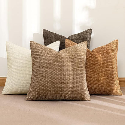 MIULEE Pack of 4 Brown Couch Throw Pillow Covers 20x20 Inch Soft Decorative Chenille Pillows Farmhouse Accent Cushions for Boho Fall Home Decor Sofa Bedroom Living Room