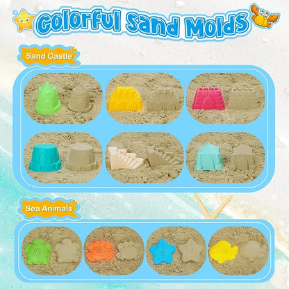 RACPNEL Collapsible Beach Toys for Kids, Foldable Sand Bucket and Shovels Set with Mesh Bag, Sand Castle Building Kit, Sandbox Toys, Travel Sand Toys Beach Essentials for Toddlers Age 3-10