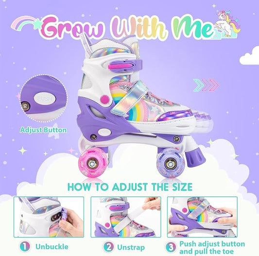SULIFEEL Rainbow Unicorn 4 Size Adjustable Roller Skates for Girls Boys for Kids Ages 3-5 5-8 6-12 Children Skates Indoor Outdoor