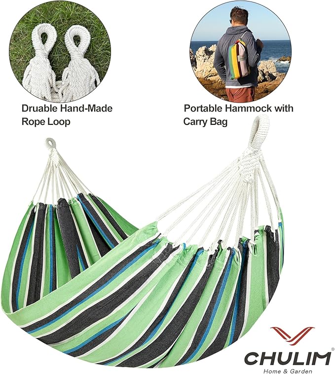 Brazilian Double Hammock with Tree Straps,Extra Large 94x63IN,2 Persons Hammock for Backyard Patio Outdoor and Indoor,450lbs Weight Capacity,Soft Woven Cotton Fabric - Black Stripe
