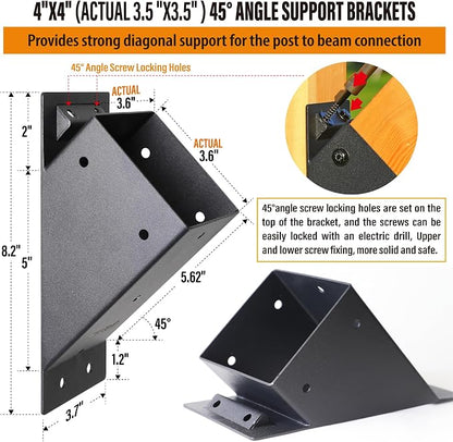 2pack 4x4 (Actual 3.5''x3.5'') Degree Angle Support Brackets, for Pergola, Gazebo, Deck Wood Frame Structures Provide Support 45° Degree Angle Bracket