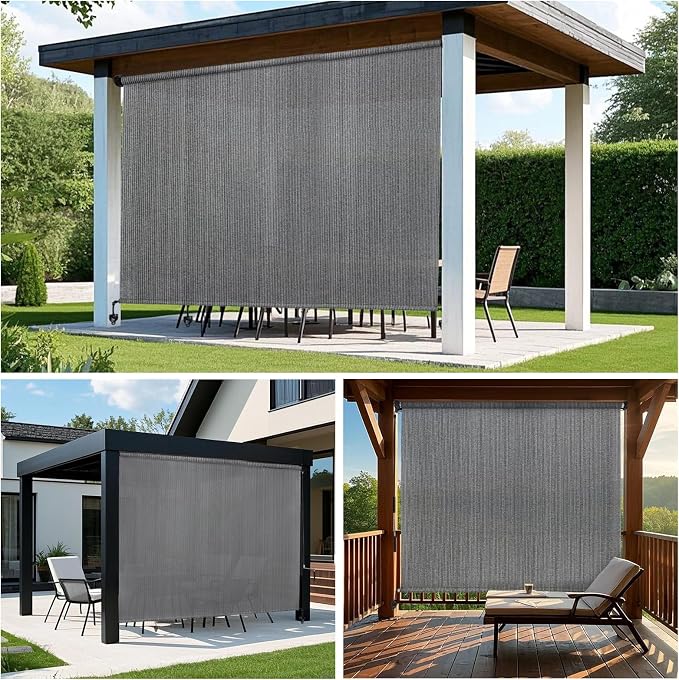 KANAGAWA Outdoor Roller Shade 8' W X 8' H, 220GSM HDPE Breathable Sun Shades Outdoor Patio, Crank Roll Up Window Shades for Porch Pergola Balcony, Light Grey