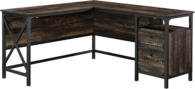 Sauder Steel River L-Shaped Desk, L: 59.84" x W: 57.32" x H: 29.53", Carbon Oak Finish