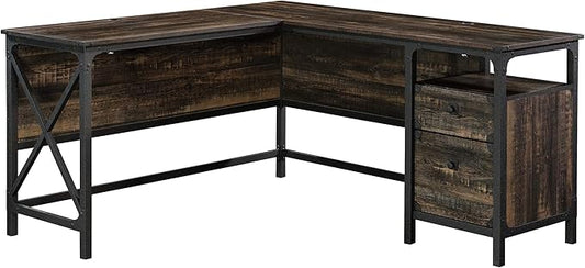 Sauder Steel River L-Shaped Desk, L: 59.84" x W: 57.32" x H: 29.53", Carbon Oak Finish