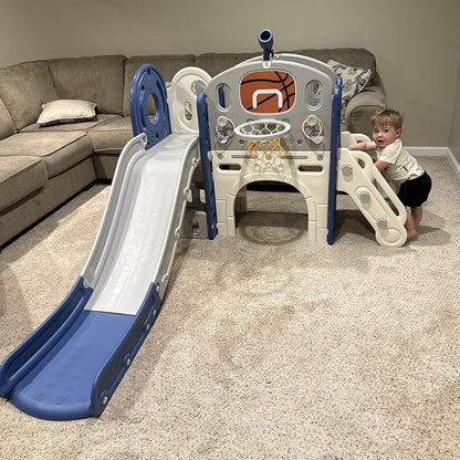 XJD 8 in 1 Toddler Slide Set, Kids Slide for Toddlers Age 1+, Climber Slide PlaySet with Basketball Hoop and Ball,Outdoor Indoor Playground for Toddlers 1-3 (Blue Gley, 8 in 1)