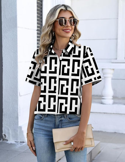 Zeagoo Button Down Shirts for Women Short Sleeve Collared Tops Dressy Casual V Neck Blouses