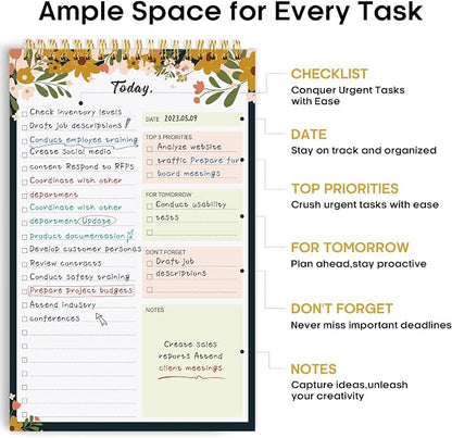Taja To Do List Notepad, Undated Daily Planner for Work and Goal Setting | Rustic Floral, 52 Sheets, 9.8" x 6.5" , for Office, Home and school, Daily Task Planning, Notes and Everyday Organization