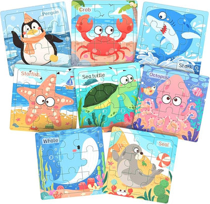 Zeoddler Wooden Puzzles for Toddlers, 8 Pack Sea Animal Jigsaw Puzzles for Kids3-5, 9 Pieces Preschool Learning Activities, Learning & Educational Toys, Gift for Boys, Girls