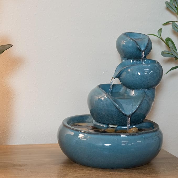 Sunnydaze Tiered Vessels Ceramic Tabletop Water Fountain - Relaxing Indoor Fountain for Office, Bedroom, or Living Room - Teal