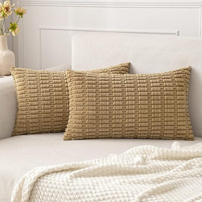 MIULEE Pack of 2 Corduroy Decorative Lumbar Throw Pillow Covers 20x12 Inch Soft Boho Striped Pillow Covers Modern Farmhouse Home Decor for Sofa Living Room Couch Bed Khaki