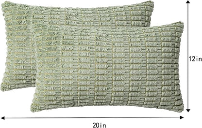 Aegero Pack of 2 Corduroy Decorative Throw Pillow Covers 12x20 InchSoft Boho Striped Pillow Covers Modern Farmhouse Home Decor for Sofa Living Room Couch Bed（Sage Green）