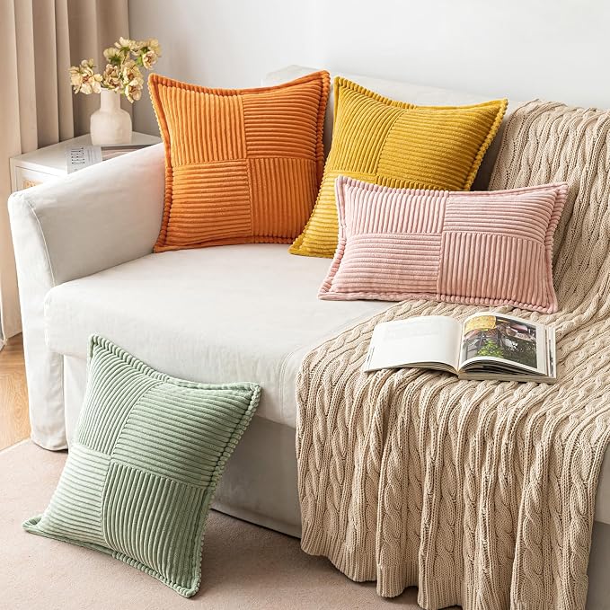 MIULEE Fall Burnt Orange Decorative Throw Pillow Covers for Couch Bed Livingroom 16x16 Inch Set of 2 Boho Accent Throw Pllows Broadside Striped Patchwork Soft Corduroy Pillowcases