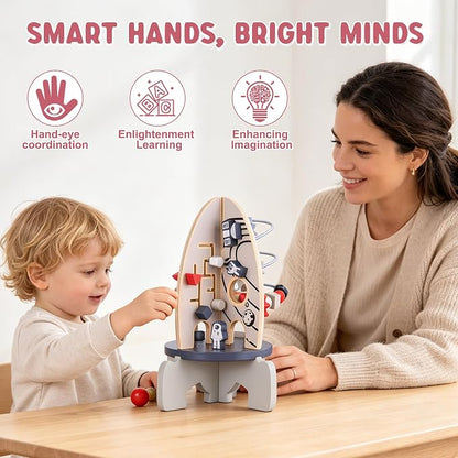 Wdmiya Space Wooden Activity Cube Toys for Baby, Montessoritoys for 1 Year Old Boy & Girl Birthday Gifts, Sensory and Educational 1st Birthday Gifts, Busy Board Toys for Baby Boy 6-18 Months (Rocket)