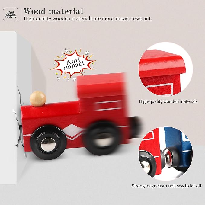 Wondertoys Wooden Train Cars 12 PCS Magnetic Train Sets Includes 3 Engines and Storage Bag - Wooden Train Set for Toddlers Compatible with Major Brands Train Set Tracks - Trains for Train Table