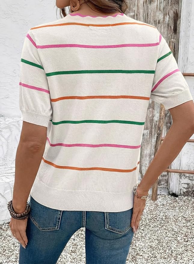 Dokotoo Womens Summer Short Sleeve Knit Tops 2026 Spring Trendy Casual V Neck Striped Sweater Blouses