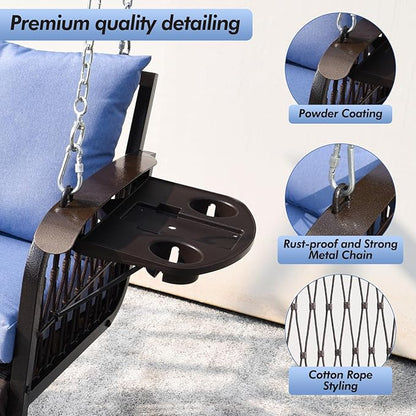 Wicker Porch Swing Heavy Duty 900 LBS 3-Seat Outdoor Patio Swing Chair with Cushions & 8.9ft Chains Outdoor Hanging Bench with Upgraded Cup Holders for Garden Deck Backyard
