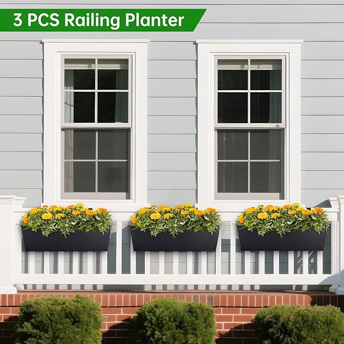 OGIMA 16-Inch Railing Planter Box, 3 Pack Large Hanging Planters for Outdoor Plants with Adjustable Wide Hooks for 2.7'' Railings - Balcony Planters Railing Hanging for Deck, Fence & Patio Decor