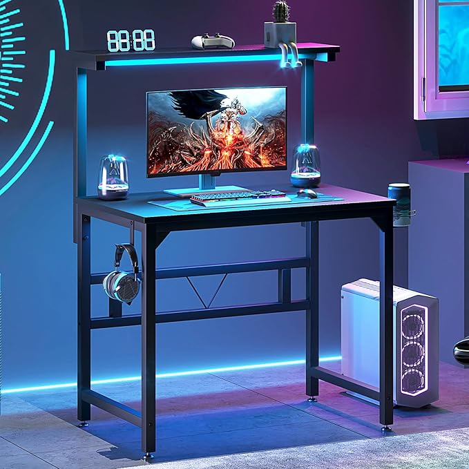 Gaming Desk with Power Outlets & LED Strip Lights,80CM Industrial Writing Desk with Adjustable Monitor Stand, Cupholder and Headphone Hook for Home Office Black