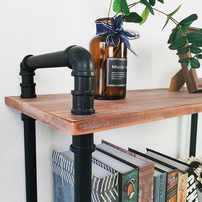3 Tier Industrial Pipe Bookcase, Rustic Farmhouse Bookshelf with Solid Wood for Living Room, Kitchen, Office