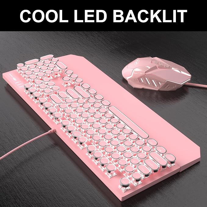 Retro Pink Typewriter-Style Keyboard and Mouse Combo, Cute Light Up Wired Mechanical Keyboard with Linear Red Switches, Full Size for Gaming, Work, Mac, PC, Windows