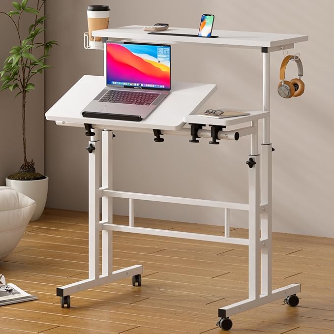 SDHYL 31.5 inches Movable Laptop Desk with Mouse Board Adjustable Height and Angle Anti-Slip Workstation Home Office Desk with Tablet Slot Portable Student Desk, White with Hook