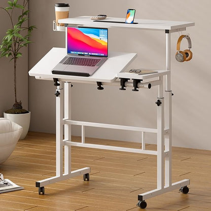 SDHYL 31.5 inches Movable Laptop Desk with Mouse Board Adjustable Height and Angle Anti-Slip Workstation Home Office Desk with Tablet Slot Portable Student Desk, White with Hook