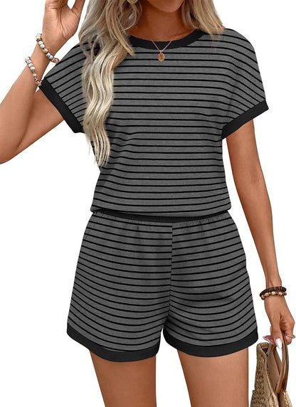 WIHOLL Two Piece Sets for Women Summer Lounge Short Sets Cap Sleeve Crew Neck Sweatsuit with Pocket XS-2XL