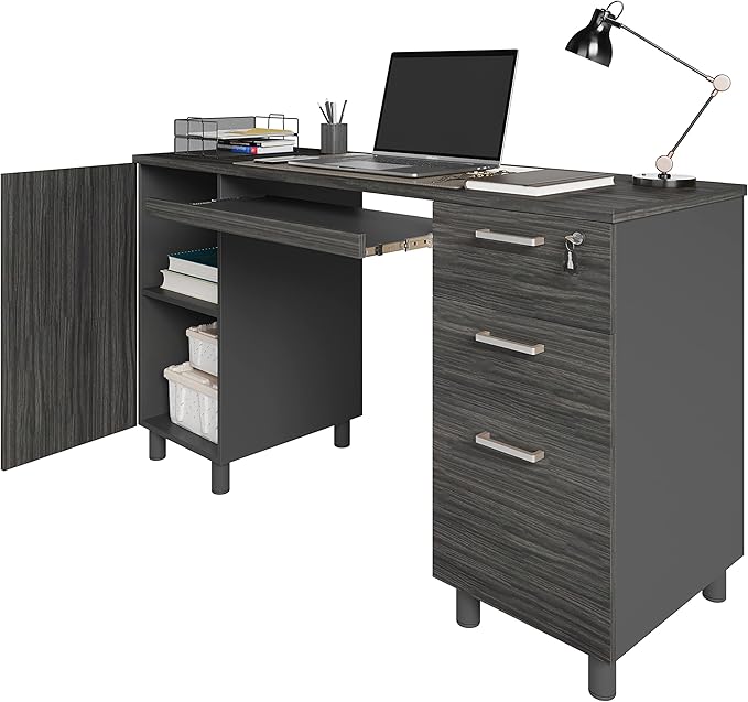 Modern Design By Crafts & comfort Venice Computer Desk - Office Desk with 3 Drawers & CPU Storage Cabinet - Laptop Workstation with Keyboard Tray & Cable Hole - Home & Office Supplies -Slate/Black