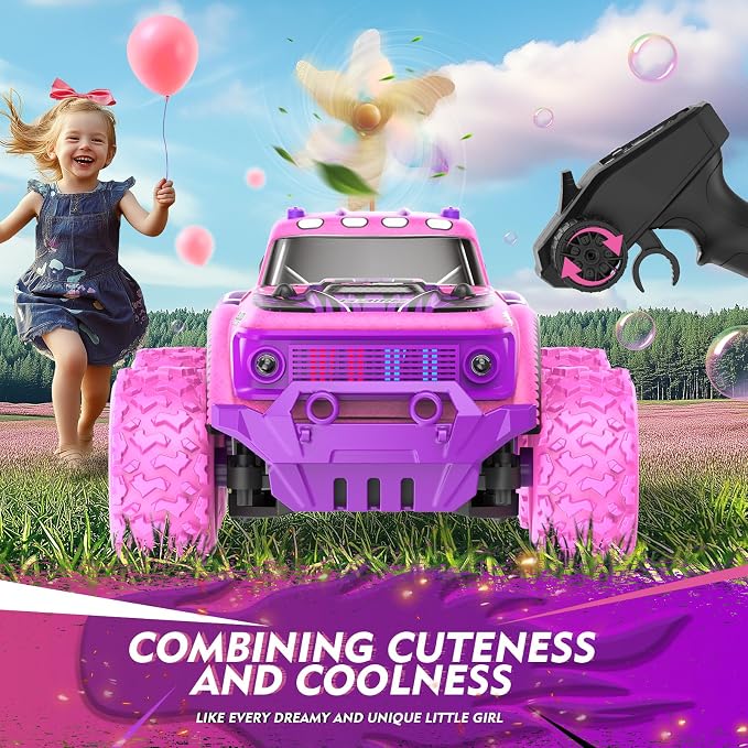 Remote Control Car for Girls: 1:20 Scale Pink Purple Rc Truck with LED Light and DIY Windmills - 20Km/h All Terrain Fast RC Cars, 2.4GHz Monster Truck Toys for Kids Gift
