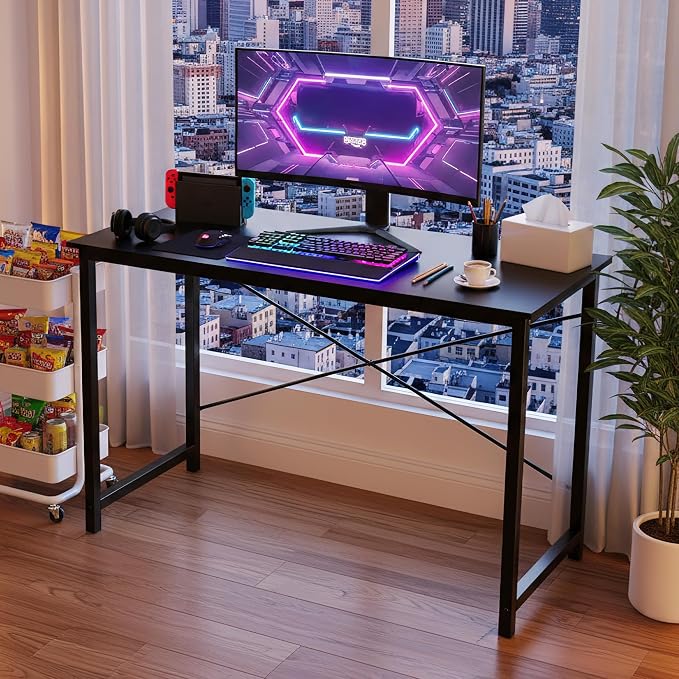 OLIXIS 47 Inch Computer Office Desk for Small Spaces, Writing Gaming Work Desk Modern Study Table with Storage Bag & Headphone Hook Home Bedroom, Black | Computer Writing Workstation, Strong Metal Frame, Small Spaces Home Bedroom Dorm, Black