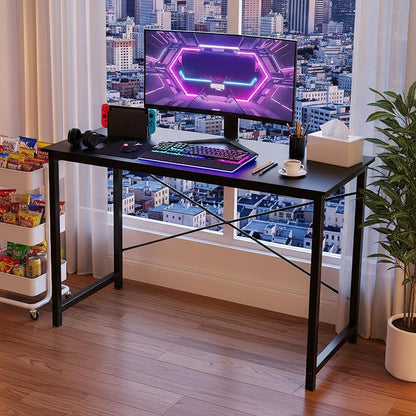 OLIXIS 47 Inch Computer Office Desk for Small Spaces, Writing Gaming Work Desk Modern Study Table with Storage Bag & Headphone Hook Home Bedroom, Black | Computer Writing Workstation, Strong Metal Frame, Small Spaces Home Bedroom Dorm, Black