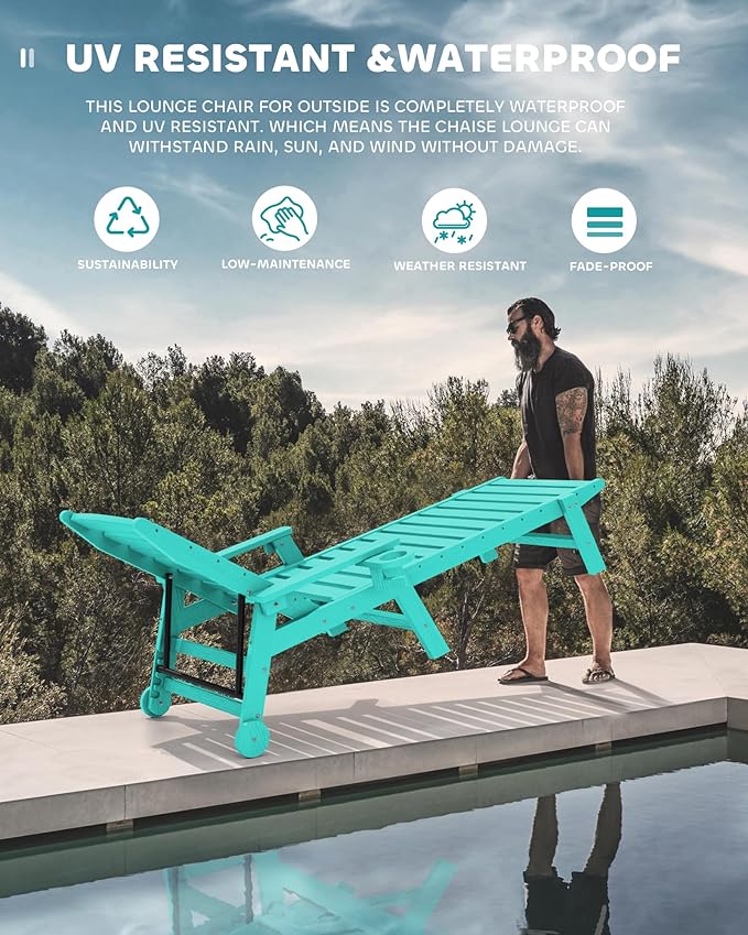 SERWALL Patio Chaise Lounge Chair, 78'' Long HDPE 5 Positions Adjustable Outdoor Lounger, Poly Lounge Chair with Rolling Wheels & Cup Holder for Pool, Aqua Blue