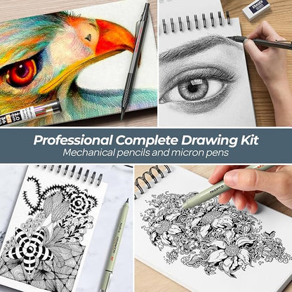 Nicpro 58PCS Art Drawing Supplies Kit in Leather Case, MP1000 Black Metal Mechanical Pencil Set with Drafting Pencil 0.5, 0.7, 0.9 & 2mm, 12 Micron Pen, Sketch Book, 30 Tube Lead Refills for Sketching