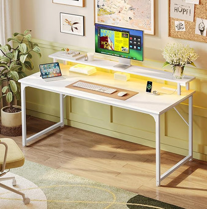 PRAISUN 48 inch Gaming Desk, LED & Power Outlets, Monitor Stand, White | Sturdy PC Desk for Home Office, Study & Work, LED Lights, 4 AC Outlets & USB-C Charging Station